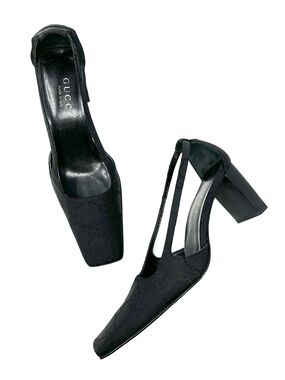 Vintage Gucci By Tom Ford 90s Black Satin GG Logo Slingback Heels Pumps 37.5 7.5